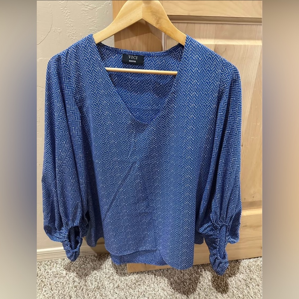 Vici Blue Blouse with Puff Sleeves and Relaxed Fit